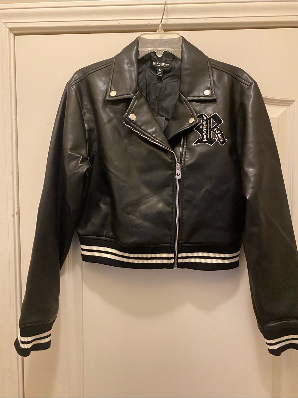 True Religion Black Faux Leather Moto Varsity Jacket with White Stripe Trim